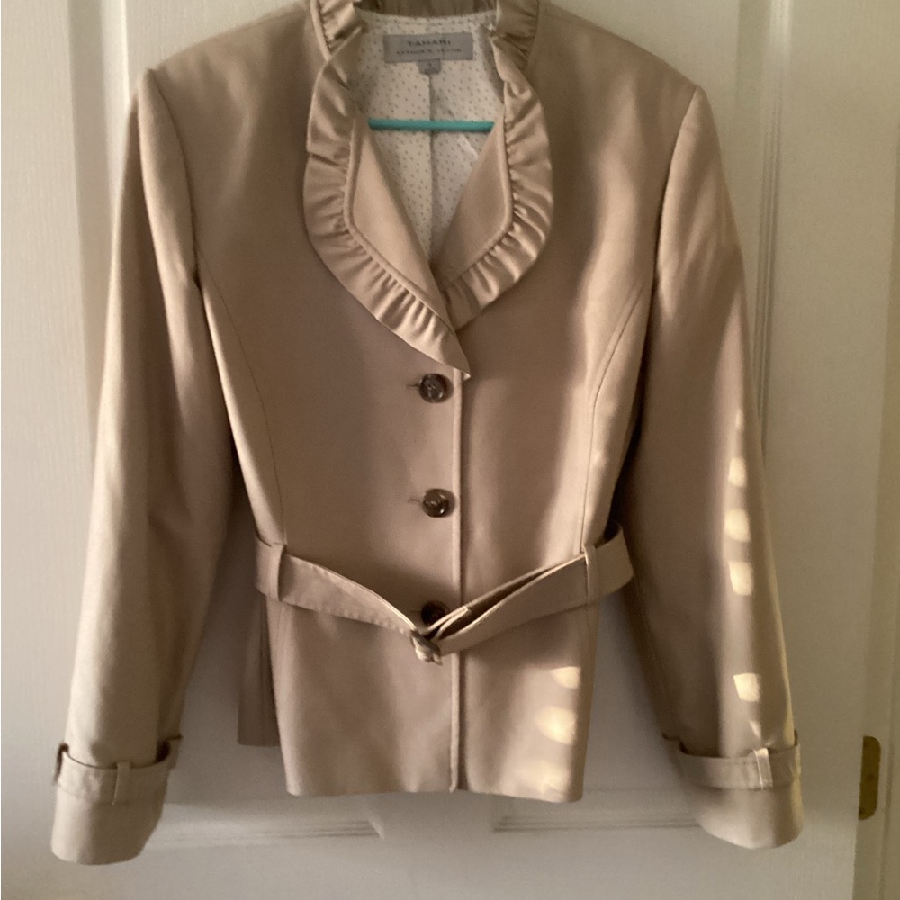 Tahari Light Beige Ruffle-Collar Belted Blazer #1